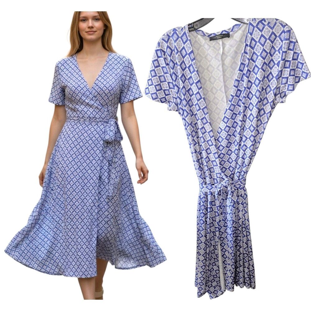 MAX MARA WEEKEND S/M Blue Printed Adjustable Side Tie True Wrap S/S Midi Dress